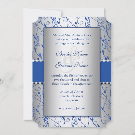Monogram Royal Blue Silver Swirl Wedding Kaart (Voorkant)