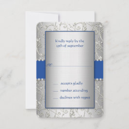 Monogram Royal Blue Silver Swirl Wedding RSVP Kaartje
