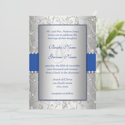 Monogram Royal Blue Silver Wedding Invitations (Debout devant)