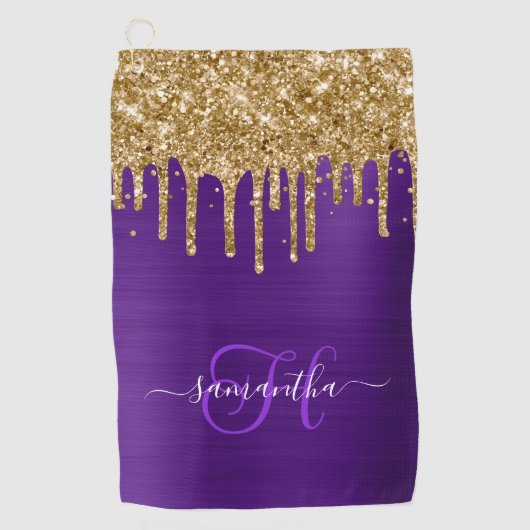Monogram Royal Paarse Goud Dripping Glitter Golfhanddoek (Voorkant)
