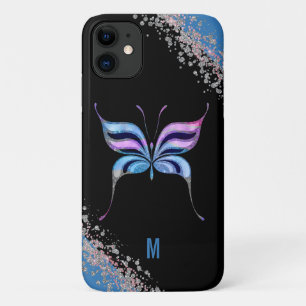 Monogram roze blauw en zilver Glittery Butterfly iPhone 11 Hoesje