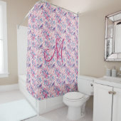 Monogram Roze Blauwe Vogels Floral Toile Chinoiser Douchegordijn (In situ)