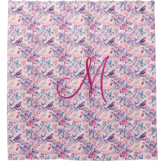 Monogram Roze Blauwe Vogels Floral Toile Chinoiser Douchegordijn (Voorkant)