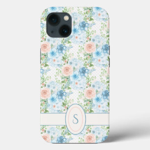 Monogram Roze Blauwe Waterverf Floral iPhone 13 Hoesje