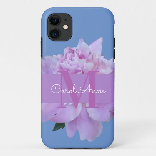 Monogram Roze Bloem Zacht Blauw Case-Mate iPhone Case (Achterkant)