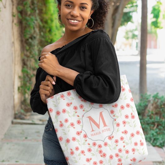 Monogram Roze Bloemen Aangepaste naam Draagtas