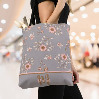 Monogram   roze bloemen draagtas