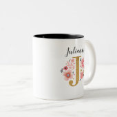 Monogram Roze Bloemen Initiaal Letter J Tweekleurige Koffiemok (Voorkant rechts)