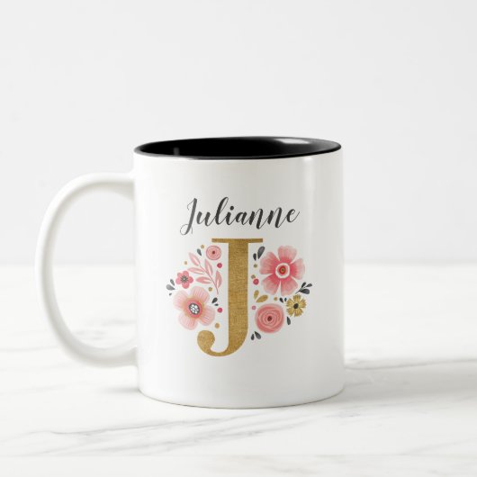 Monogram Roze Bloemen Initiaal Letter J Tweekleurige Koffiemok (Links)