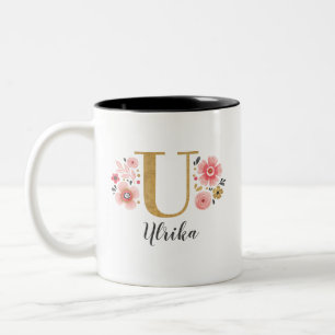 Monogram Roze Bloemen Initiaal Letter U Tweekleurige Koffiemok