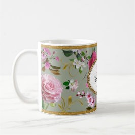 Monogram roze bloemen koffiemok
