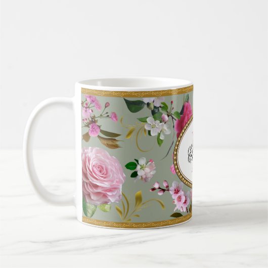 Monogram roze bloemen koffiemok (Links)