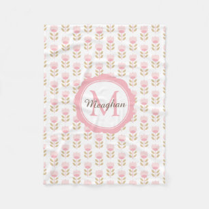 Monogram Roze Bloemen Patroon Baby Meisje Kwekerij Fleece Deken
