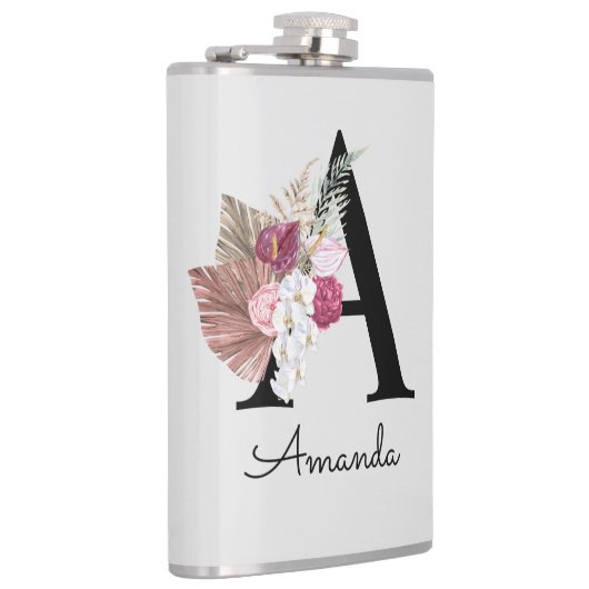 Monogram roze bloemig Initiaal A Heupfles (Rechts)