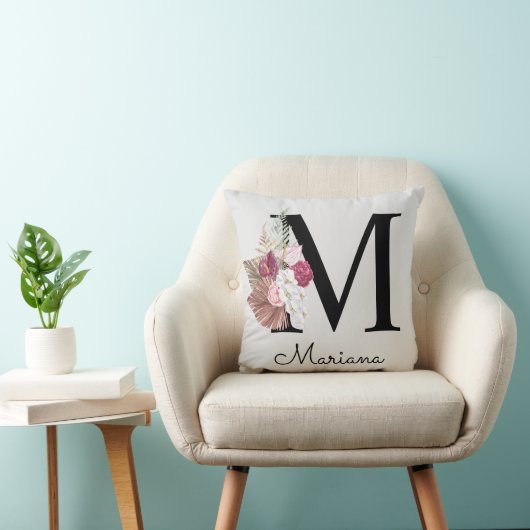 Monogram roze bloemig Initiaal M Kussen (Stoel)