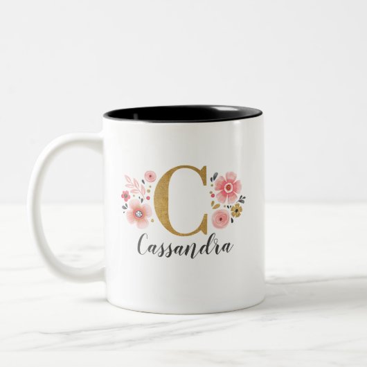 Monogram roze bloemige letter C Tweekleurige Koffiemok (Links)