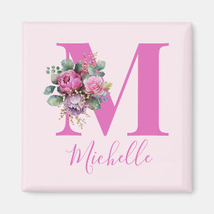 Monogram Roze Bloemige Waterverf Initiële Naam Magneet