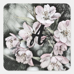 Monogram  roze bloesems op een filiaal vierkante sticker