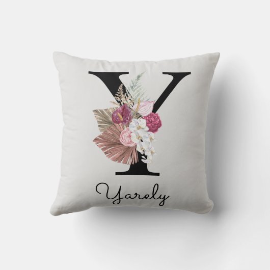 Monogram Roze Boho Bloem Initial Y Kussen (Achterkant)
