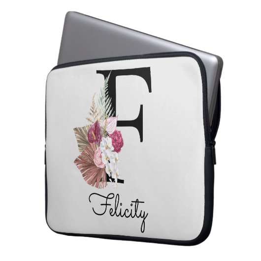 Monogram Roze Boho Bloemen Initiaal F Laptop Sleeve (Voorkant Links)
