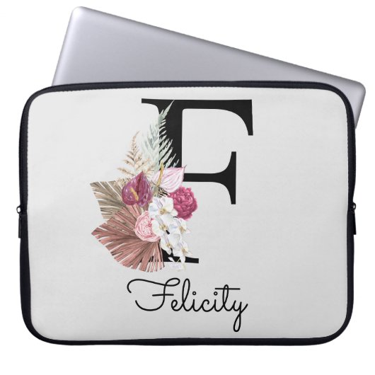 Monogram Roze Boho Bloemen Initiaal F Laptop Sleeve (Voorkant)