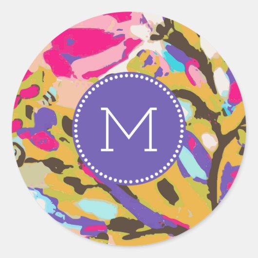 Monogram | Roze Boho Floral I Ronde Sticker (Voorkant)