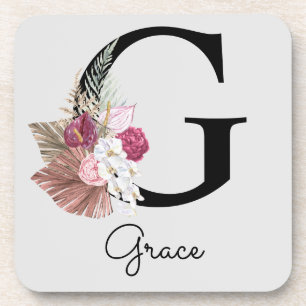 Monogram Roze Boho Girly Floral Initiaal G Bier Onderzetter