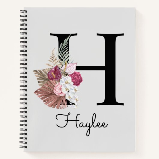 Monogram Roze Boho Girly Floral Initiaal H Notitieboek (Voorkant)