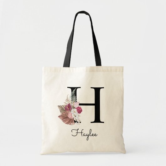 Monogram Roze Boho Girly Floral Initiaal H Tote Bag (Voorkant)