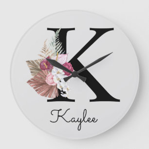Monogram Roze Boho Girly Floral Initiaal K Grote Klok