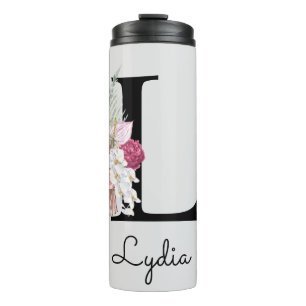 Monogram Roze Boho Girly Floral Initiaal L Thermosbeker