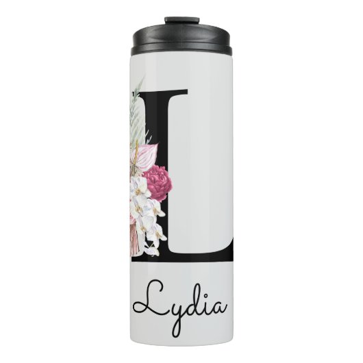 Monogram Roze Boho Girly Floral Initiaal L Thermosbeker (Voorkant)