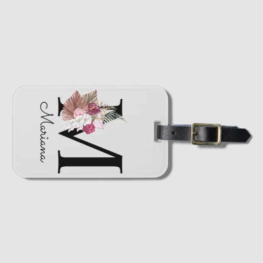 Monogram Roze Boho Girly Floral Initiaal M Bagagelabel (Voorkant (horizontaal))