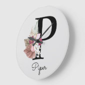 Monogram Roze Boho Girly Floral Initiaal P Grote Klok (Hoek)