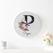 Monogram Roze Boho Girly Floral Initiaal P Grote Klok (Huis)