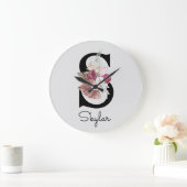 Monogram Roze Boho Girly Floral Initiaal S Grote Klok (Huis)