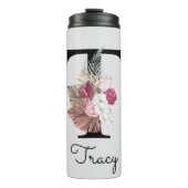 Monogram Roze Boho Girly Floral Initiaal T Thermosbeker (Voorkant)