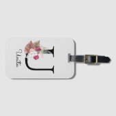 Monogram Roze Boho Girly Floral Initiaal U Bagagelabel (Voorkant (horizontaal))