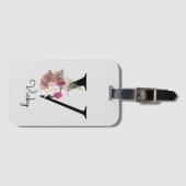 Monogram Roze Boho Girly Floral Initiaal V Bagagelabel (Voorkant (horizontaal))