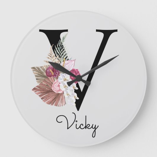 Monogram Roze Boho Girly Floral Initiaal V Grote Klok (Voorkant)