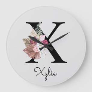 Monogram Roze Boho Girly Floral Initiaal X Grote Klok