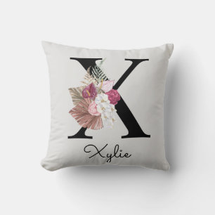 Monogram Roze Boho Girly Floral Initiaal X Kussen