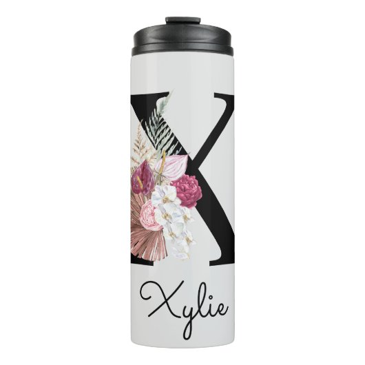 Monogram Roze Boho Girly Floral Initiaal X Thermosbeker (Voorkant)