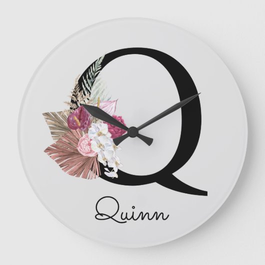 Monogram Roze Boho Girly Initiaal Q Grote Klok (Voorkant)