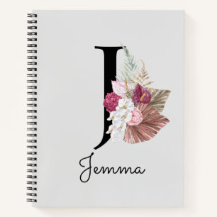 Monogram Roze Boho Meisjesachtig Bloem Initial J Notitieboek