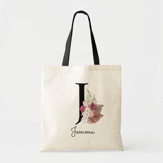 Monogram Roze Boho Meisjesachtig Bloem Initial J Tote Bag (Voorkant)