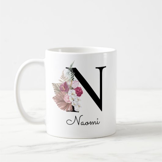 Monogram Roze Boho Meisjesachtig Bloem Initial N Koffiemok (Links)