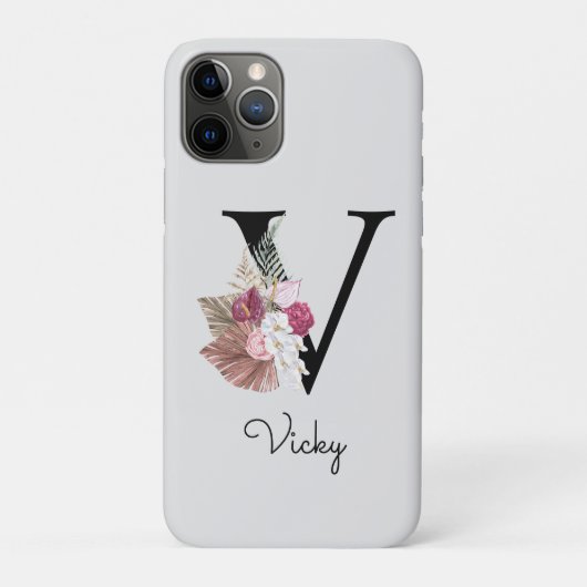 Monogram Roze Boho Meisjesachtig Bloem Initial V Case-Mate iPhone Case (Achterkant)