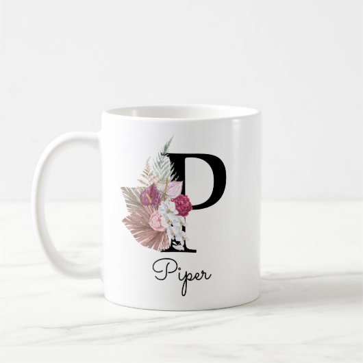 Monogram Roze Boho Meisjesachtig Bloemend Initial Koffiemok (Links)