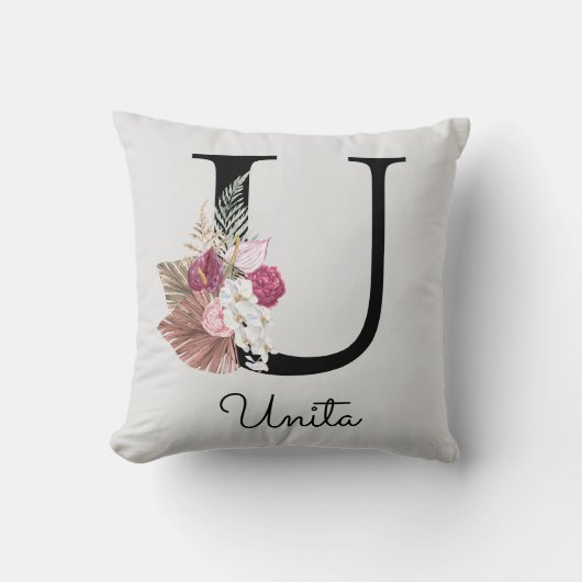 Monogram Roze Boho Meisjesachtig Bloemend Initial  Kussen (Voorkant)